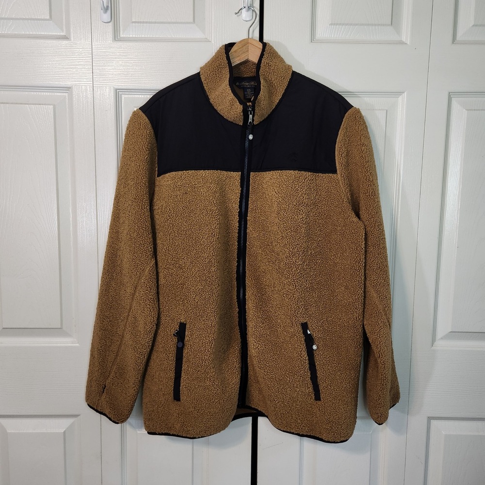 Brooks Brothers Mens XXL Sherpa Fleece Jacket Tan Black Colorblock Thumbhole Zip